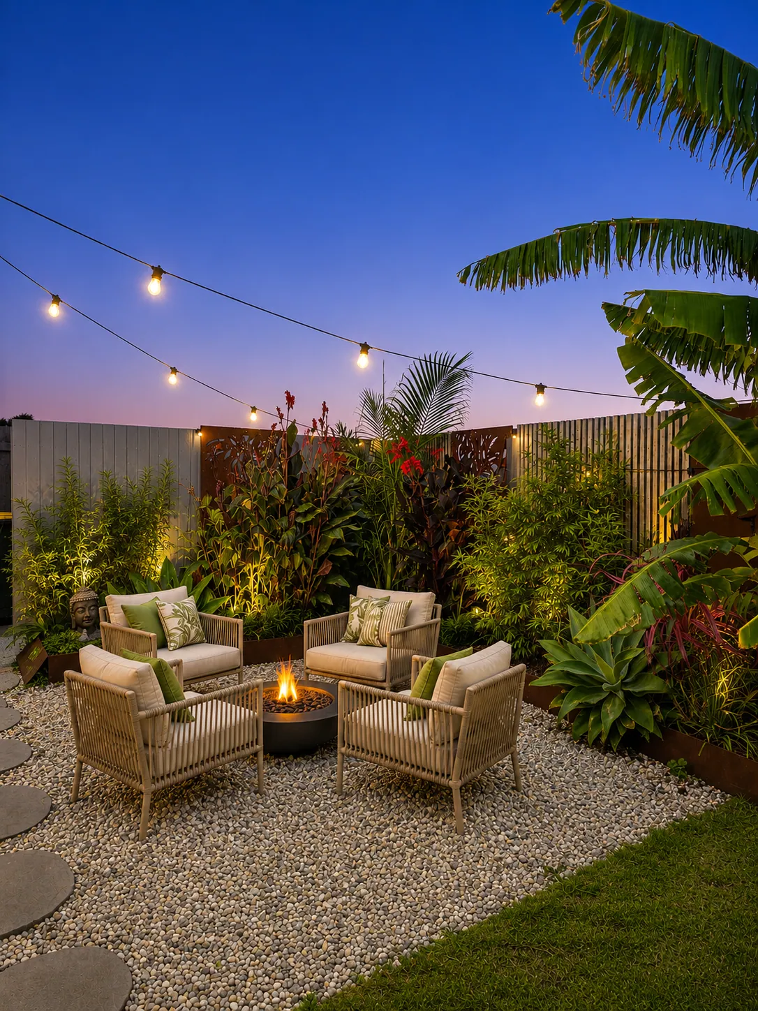 Landscaped garden and firepit at dusk in a new home by The Kiely Group